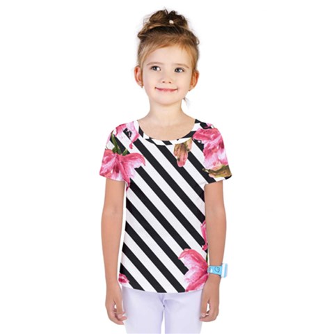 Pink Floral Stripes Kids  One Piece Tee by designsbymallika