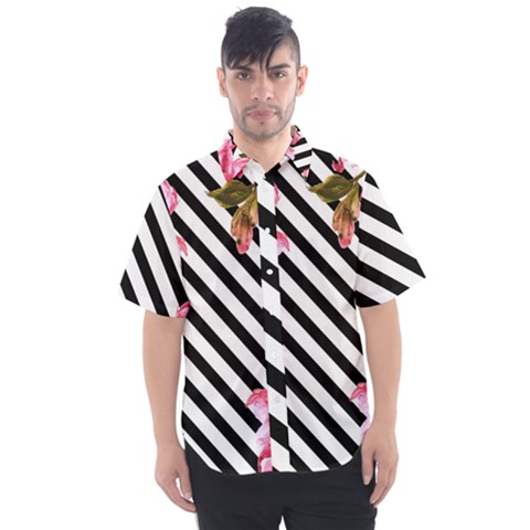 Pink Floral Stripes Men s Short Sleeve Shirt by designsbymallika