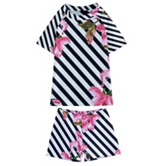 Pink Floral Stripes Kids  Swim Tee And Shorts Set by designsbymallika