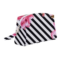 Pink Floral Stripes Wristlet Pouch Bag (medium) by designsbymallika