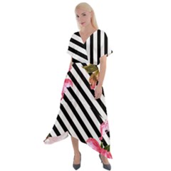 Pink Floral Stripes Cross Front Sharkbite Hem Maxi Dress by designsbymallika