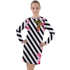 Pink Floral Stripes Long Sleeve Hoodie Dress by designsbymallika