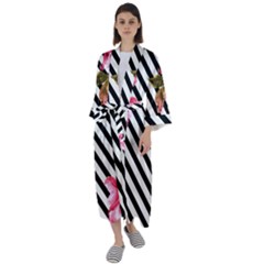 Pink Floral Stripes Maxi Satin Kimono