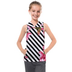 Pink Floral Stripes Kids  Sleeveless Hoodie by designsbymallika