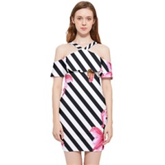 Pink Floral Stripes Shoulder Frill Bodycon Summer Dress