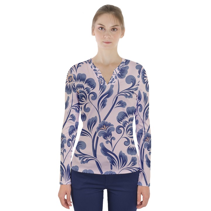 Baatik Print 5 V-Neck Long Sleeve Top