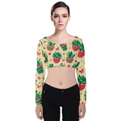 Cactus Love  Velvet Long Sleeve Crop Top by designsbymallika