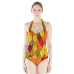 Autumn Leaves Halter Swimsuit by designsbymallika