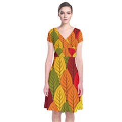 Autumn Leaves Short Sleeve Front Wrap Dress by designsbymallika