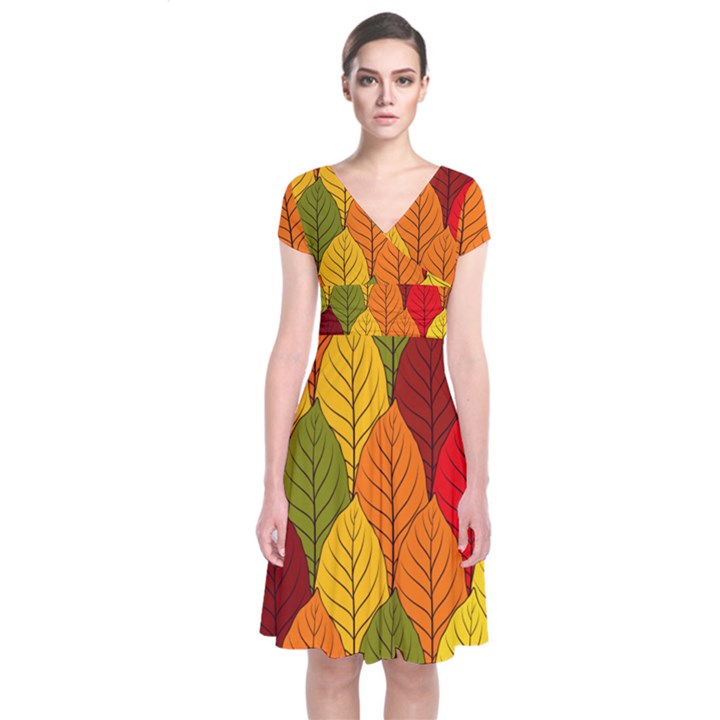 Autumn Leaves Short Sleeve Front Wrap Dress