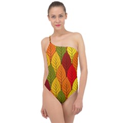 Autumn Leaves Classic One Shoulder Swimsuit by designsbymallika