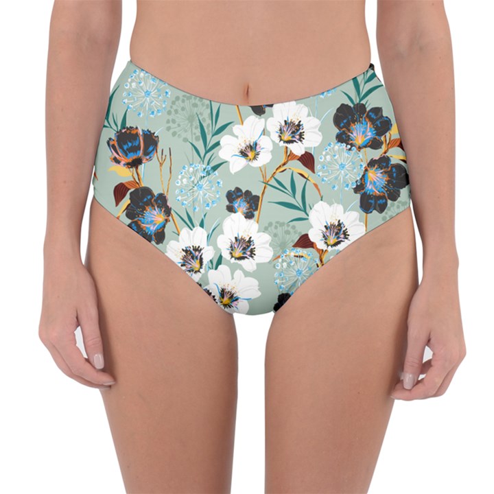 Black White Floral Print Reversible High-Waist Bikini Bottoms