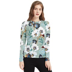 Black White Floral Print Women s Long Sleeve Rash Guard