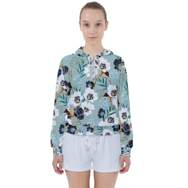 Black White Floral Print Women s Tie Up Sweat