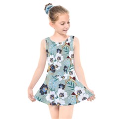 Black White Floral Print Kids  Skater Dress Swimsuit by designsbymallika