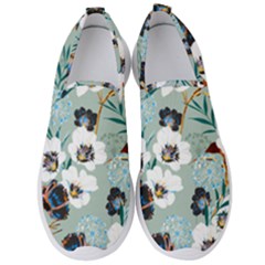 Black White Floral Print Men s Slip On Sneakers by designsbymallika