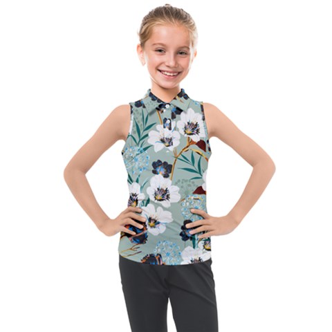 Black White Floral Print Kids  Sleeveless Polo Tee by designsbymallika