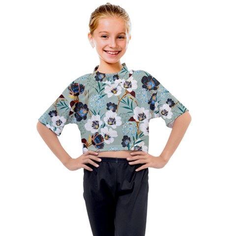 Black White Floral Print Kids Mock Neck Tee by designsbymallika