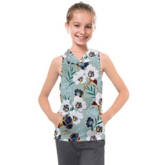 Black White Floral Print Kids  Sleeveless Hoodie by designsbymallika