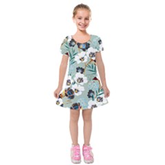 Black White Floral Print Kids  Short Sleeve Velvet Dress by designsbymallika