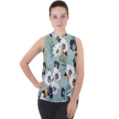 Black White Floral Print Mock Neck Chiffon Sleeveless Top by designsbymallika