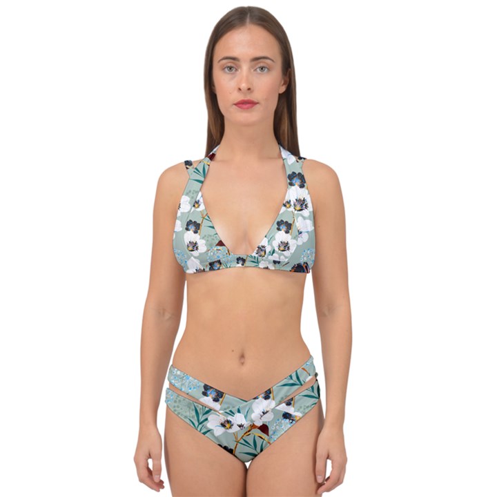 Black White Floral Print Double Strap Halter Bikini Set