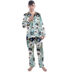 Black White Floral Print Men s Long Sleeve Satin Pyjamas Set by designsbymallika