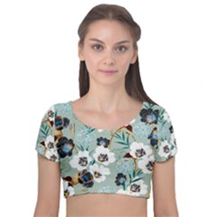 Black White Floral Print Velvet Short Sleeve Crop Top  by designsbymallika