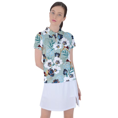 Black White Floral Print Women s Polo Tee by designsbymallika