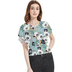 Black White Floral Print Butterfly Chiffon Blouse