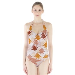 Autumn Leaves Pattern  Halter Swimsuit by designsbymallika