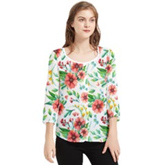 Beautiful Orange Flowers Chiffon Quarter Sleeve Blouse