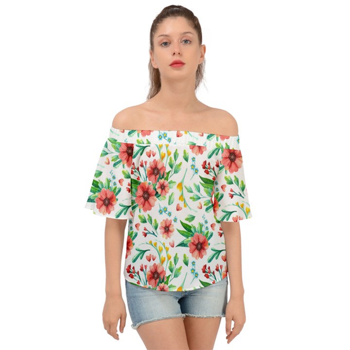 Beautiful Orange Flowers Off Shoulder Short Sleeve Top