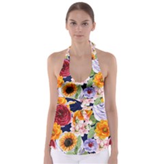 Watercolor Print Floral Design Babydoll Tankini Top