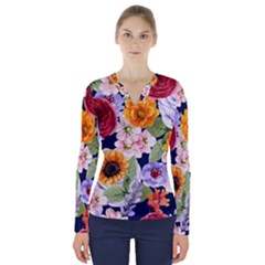 Watercolor Print Floral Design V-neck Long Sleeve Top by designsbymallika