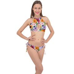 Watercolor Print Floral Design Cross Front Halter Bikini Set by designsbymallika