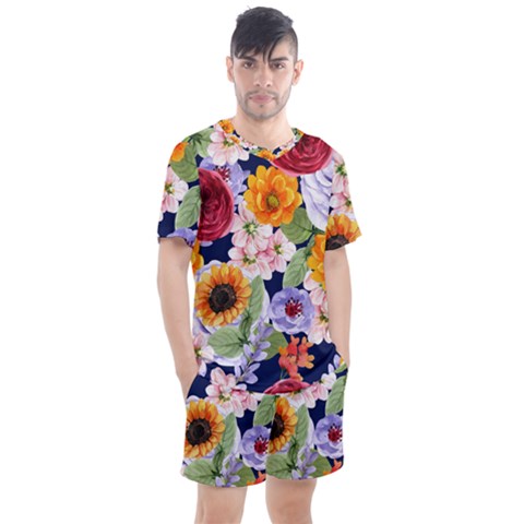 Watercolor Print Floral Design Men s Mesh Tee And Shorts Set by designsbymallika