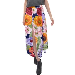 Watercolor Print Floral Design Velour Split Maxi Skirt by designsbymallika