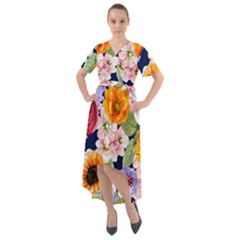 Watercolor Print Floral Design Front Wrap High Low Dress