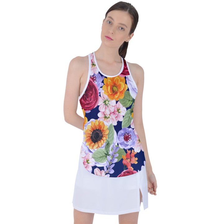 Watercolor Print Floral Design Racer Back Mesh Tank Top