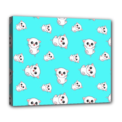 Azure Blue And Crazy Kitties Pattern, Cute Kittens, Cartoon Cats Theme Deluxe Canvas 24  X 20  (stretched) by Casemiro