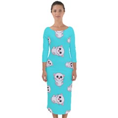 Azure Blue And Crazy Kitties Pattern, Cute Kittens, Cartoon Cats Theme Quarter Sleeve Midi Bodycon Dress by Casemiro