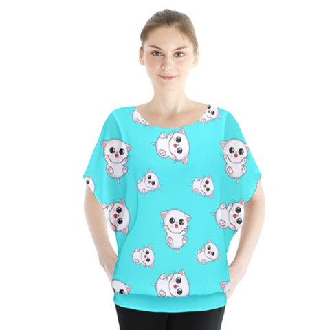 Azure Blue And Crazy Kitties Pattern, Cute Kittens, Cartoon Cats Theme Batwing Chiffon Blouse by Casemiro