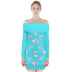 Azure Blue And Crazy Kitties Pattern, Cute Kittens, Cartoon Cats Theme Long Sleeve Off Shoulder Dress by Casemiro