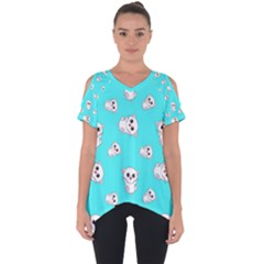 Azure Blue And Crazy Kitties Pattern, Cute Kittens, Cartoon Cats Theme Cut Out Side Drop Tee by Casemiro