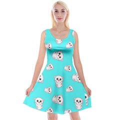 Azure Blue And Crazy Kitties Pattern, Cute Kittens, Cartoon Cats Theme Reversible Velvet Sleeveless Dress by Casemiro