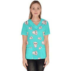 Azure Blue And Crazy Kitties Pattern, Cute Kittens, Cartoon Cats Theme Women s V-neck Scrub Top by Casemiro