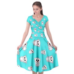 Azure Blue And Crazy Kitties Pattern, Cute Kittens, Cartoon Cats Theme Cap Sleeve Wrap Front Dress by Casemiro