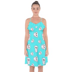 Azure Blue And Crazy Kitties Pattern, Cute Kittens, Cartoon Cats Theme Ruffle Detail Chiffon Dress by Casemiro