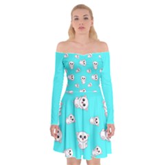 Azure Blue And Crazy Kitties Pattern, Cute Kittens, Cartoon Cats Theme Off Shoulder Skater Dress by Casemiro